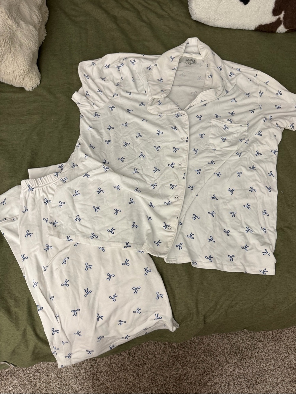 Cotton Button-Front Pajama Set - White with Blue Bow Print